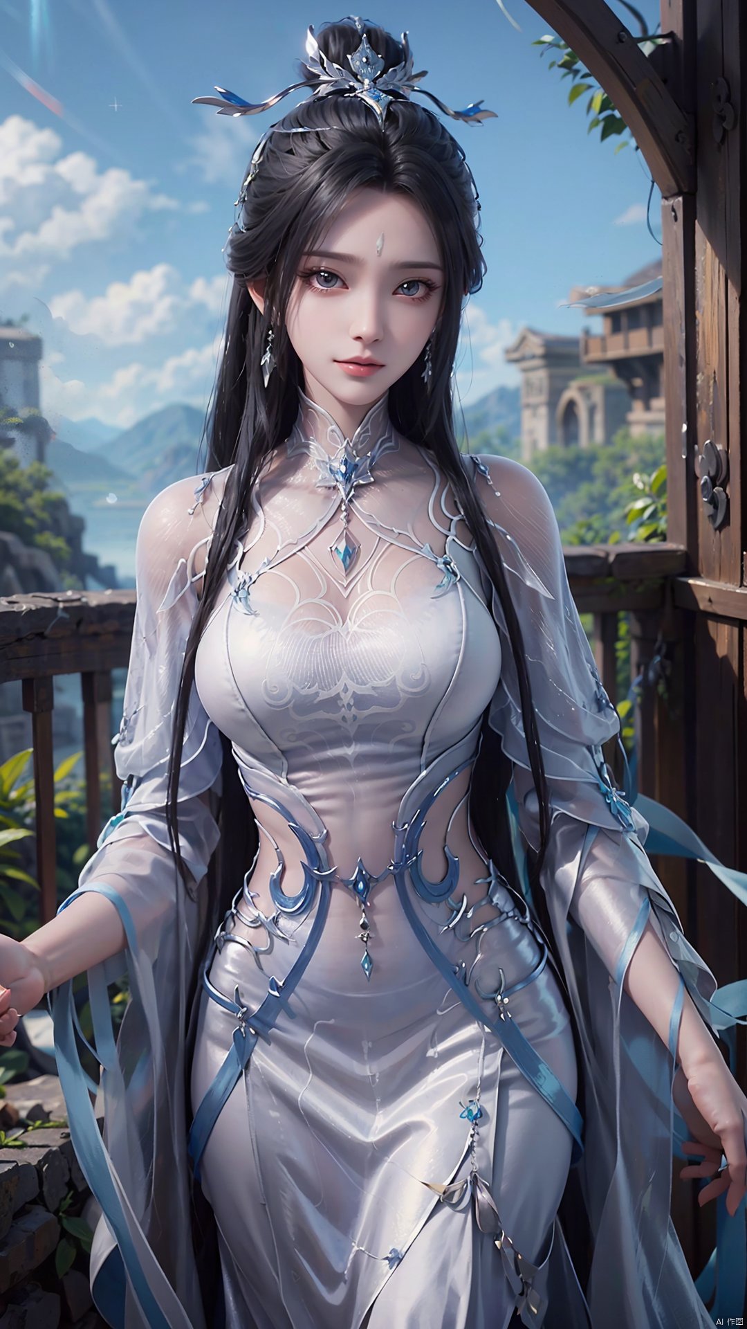 1girl, black hair, long hair, dress, solo, white dress, hair ornament, chinese clothes, facial mark, hair bun, forehead mark, earrings, mischevious smile, perfect body, scenery, sharp focus, best quality, masterpiece, detailed outfit, illustration, perfect eyes, finely detailed beautiful anime eyes, realistic skin, intricate details, best lighting, depth of field, ultra high resolution,cowboy_shot, dynamic pose, dynamic angle,