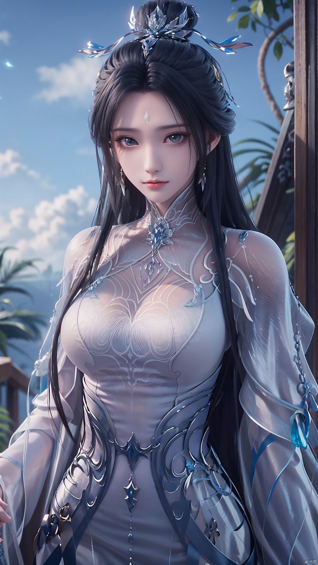 1girl, black hair, long hair, dress, solo, white dress, hair ornament, chinese clothes, facial mark, hair bun, forehead mark, earrings, mischevious smile, perfect body, scenery, sharp focus, best quality, masterpiece, detailed outfit, illustration, perfect eyes, finely detailed beautiful anime eyes, realistic skin, intricate details, best lighting, depth of field, ultra high resolution,cowboy_shot, dynamic pose, dynamic angle,