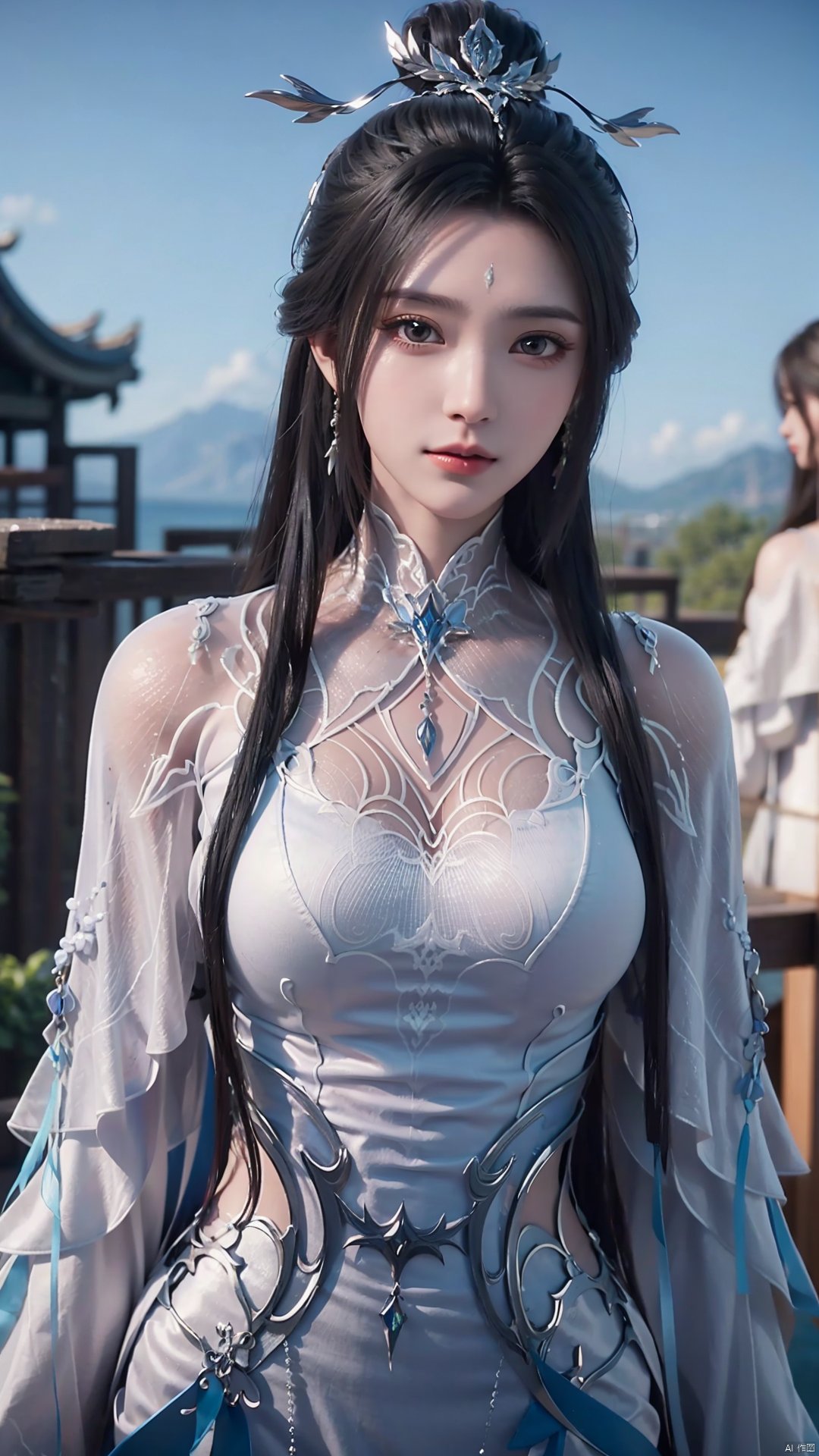 1girl, black hair, long hair, dress, solo, white dress, hair ornament, chinese clothes, facial mark, hair bun, forehead mark, earrings, mischevious smile, perfect body, scenery, sharp focus, best quality, masterpiece, detailed outfit, illustration, perfect eyes, finely detailed beautiful anime eyes, realistic skin, intricate details, best lighting, depth of field, ultra high resolution,cowboy_shot, dynamic pose, dynamic angle,