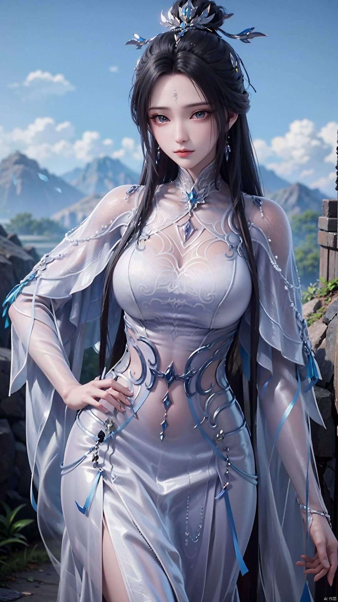 1girl, black hair, long hair, dress, solo, white dress, hair ornament, chinese clothes, facial mark, hair bun, forehead mark, earrings, mischevious smile, perfect body, scenery, sharp focus, best quality, masterpiece, detailed outfit, illustration, perfect eyes, finely detailed beautiful anime eyes, realistic skin, intricate details, best lighting, depth of field, ultra high resolution,cowboy_shot, dynamic pose, dynamic angle,