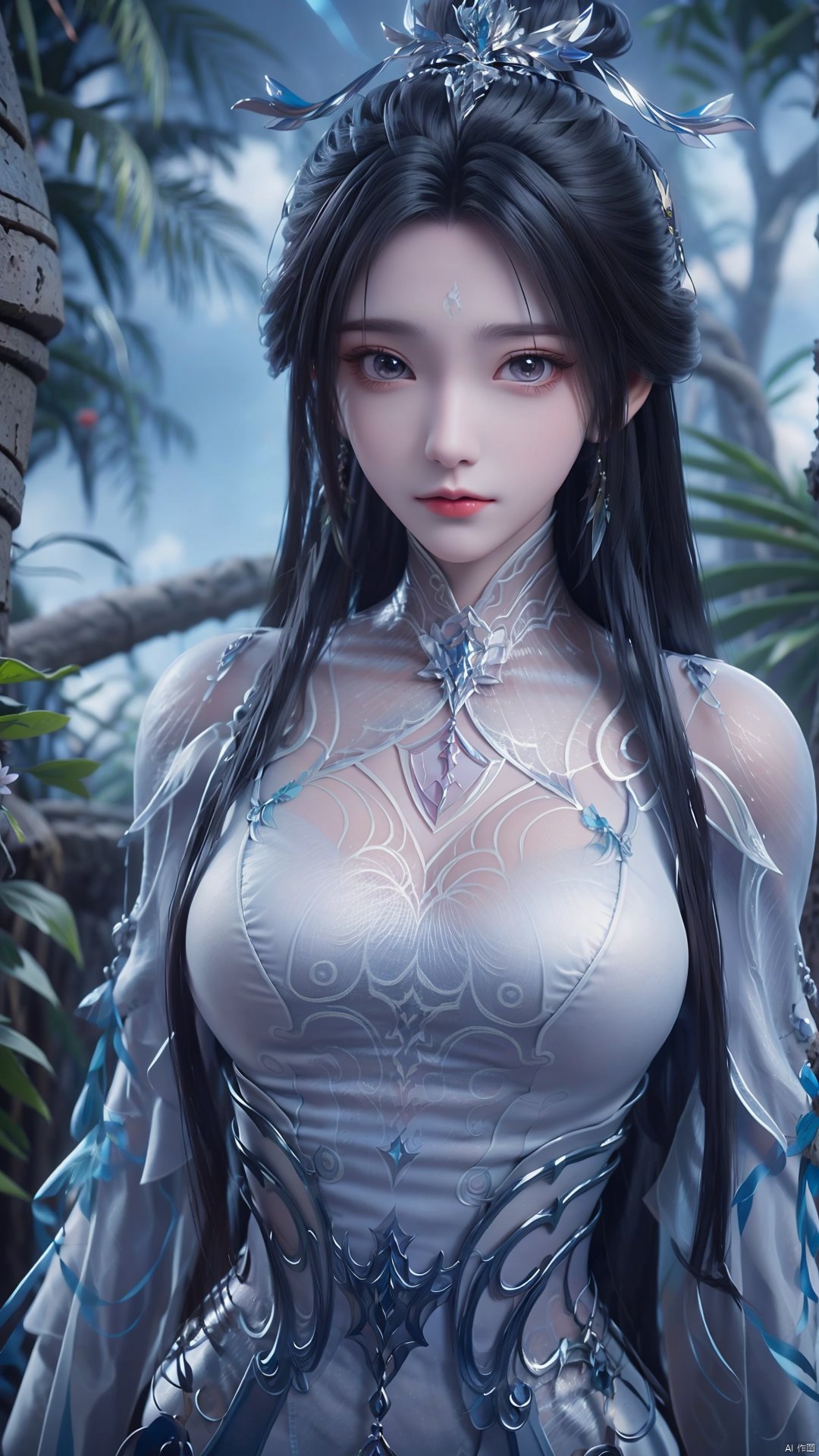 1girl, black hair, long hair, dress, solo, white dress, hair ornament, chinese clothes, facial mark, hair bun, forehead mark, earrings, mischevious smile, perfect body, scenery, sharp focus, best quality, masterpiece, detailed outfit, illustration, perfect eyes, finely detailed beautiful anime eyes, realistic skin, intricate details, best lighting, depth of field, ultra high resolution,cowboy_shot, dynamic pose, dynamic angle,