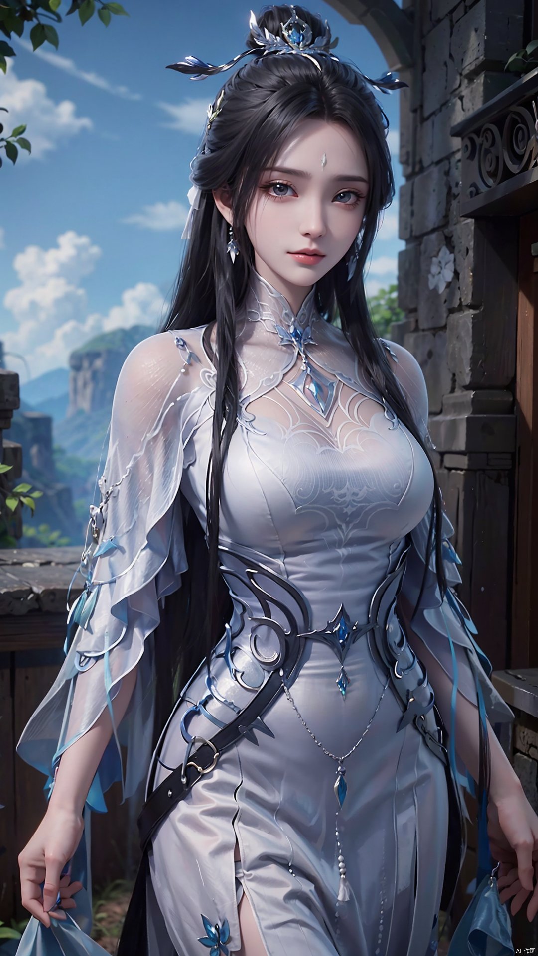 1girl, black hair, long hair, dress, solo, white dress, hair ornament, chinese clothes, facial mark, hair bun, forehead mark, earrings, mischevious smile, perfect body, scenery, sharp focus, best quality, masterpiece, detailed outfit, illustration, perfect eyes, finely detailed beautiful anime eyes, realistic skin, intricate details, best lighting, depth of field, ultra high resolution,cowboy_shot, dynamic pose, dynamic angle,