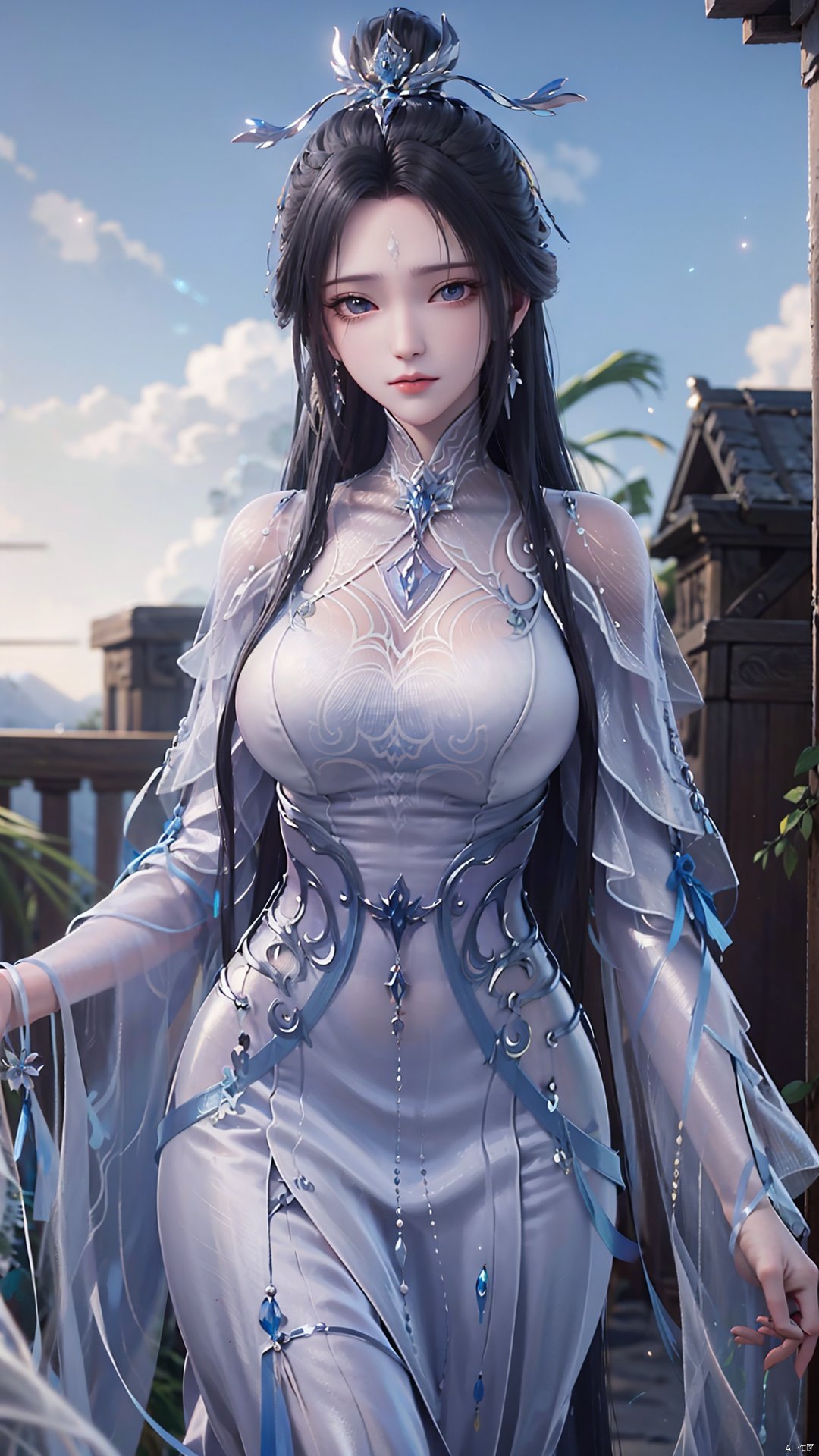 1girl, black hair, long hair, dress, solo, white dress, hair ornament, chinese clothes, facial mark, hair bun, forehead mark, earrings, mischevious smile, perfect body, scenery, sharp focus, best quality, masterpiece, detailed outfit, illustration, perfect eyes, finely detailed beautiful anime eyes, realistic skin, intricate details, best lighting, depth of field, ultra high resolution,cowboy_shot, dynamic pose, dynamic angle,