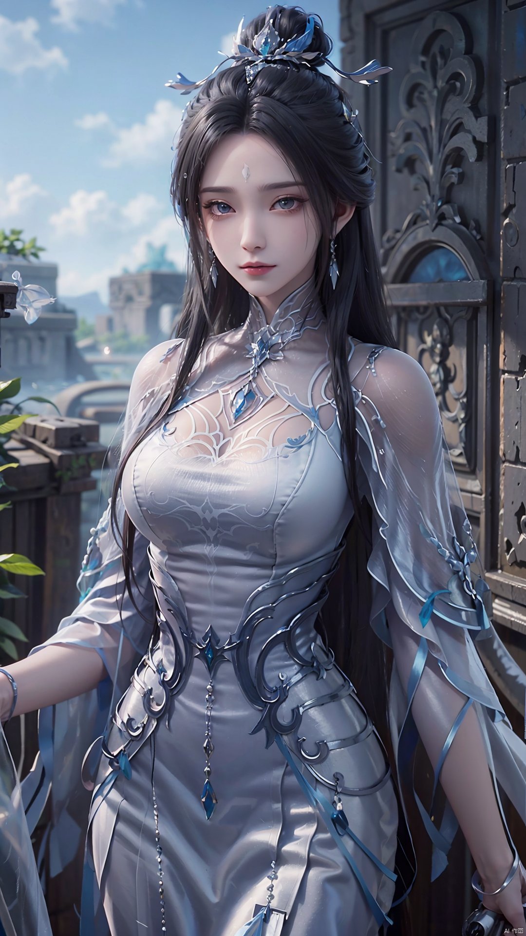 1girl, black hair, long hair, dress, solo, white dress, hair ornament, chinese clothes, facial mark, hair bun, forehead mark, earrings, mischevious smile, perfect body, scenery, sharp focus, best quality, masterpiece, detailed outfit, illustration, perfect eyes, finely detailed beautiful anime eyes, realistic skin, intricate details, best lighting, depth of field, ultra high resolution,cowboy_shot, dynamic pose, dynamic angle,