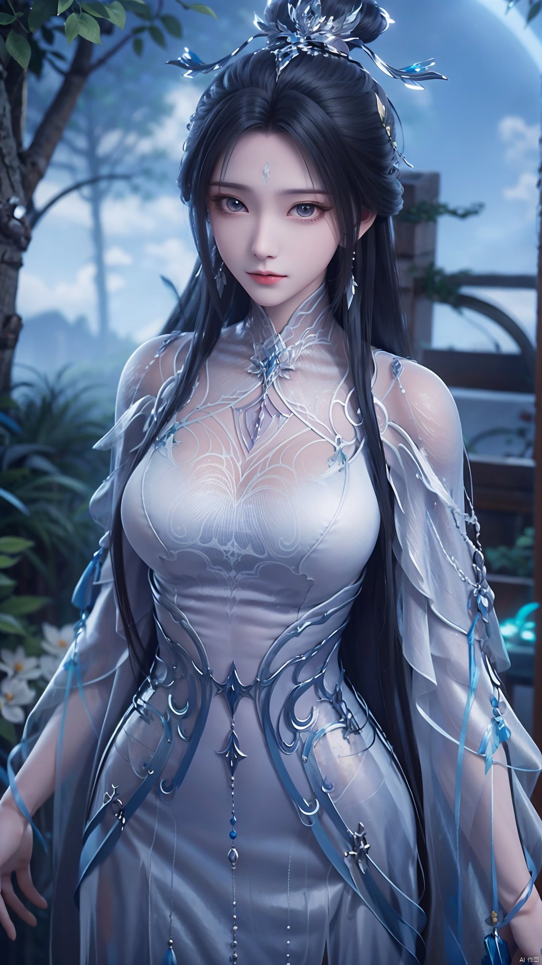 1girl, black hair, long hair, dress, solo, white dress, hair ornament, chinese clothes, facial mark, hair bun, forehead mark, earrings, mischevious smile, perfect body, scenery, sharp focus, best quality, masterpiece, detailed outfit, illustration, perfect eyes, finely detailed beautiful anime eyes, realistic skin, intricate details, best lighting, depth of field, ultra high resolution,cowboy_shot, dynamic pose, dynamic angle,