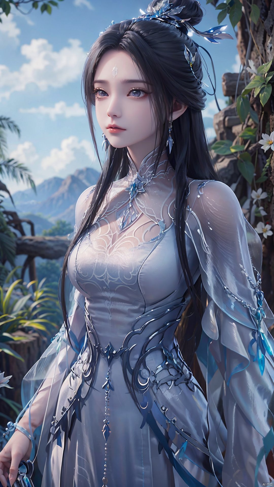 1girl, black hair, long hair, dress, solo, white dress, hair ornament, chinese clothes, facial mark, hair bun, forehead mark, earrings, mischevious smile, perfect body, scenery, sharp focus, best quality, masterpiece, detailed outfit, illustration, perfect eyes, finely detailed beautiful anime eyes, realistic skin, intricate details, best lighting, depth of field, ultra high resolution,cowboy_shot, dynamic pose, dynamic angle,