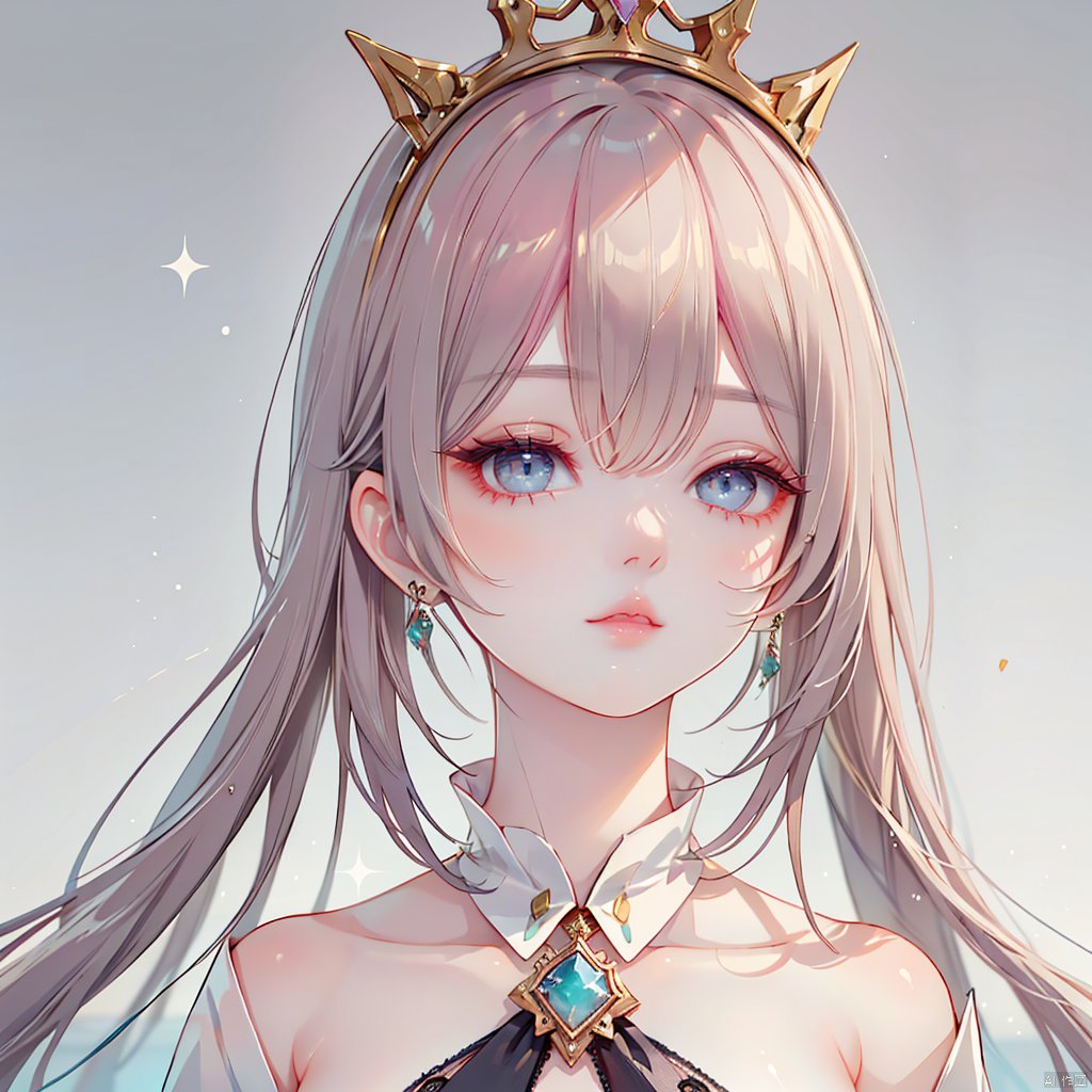 1girl, solo, looking at viewer, short hair, bangs, blue eyes, twintails, jewelry, closed mouth, pink hair, earrings, shiny, grey background, lips, gradient, grey eyes, gradient background, eyelashes, swept bangs, tiara, crown, gem, portrait, hoop earrings, pink lips