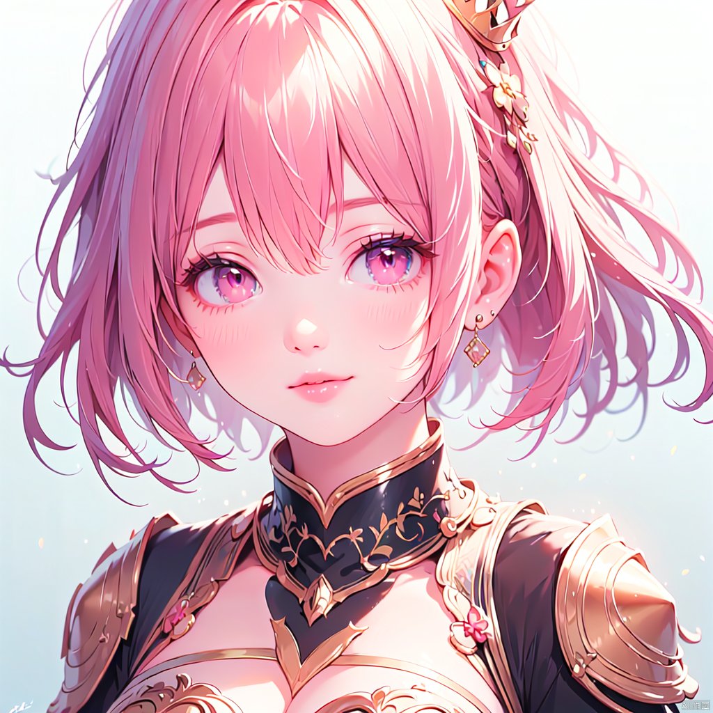 {Very Fine Light}, {Painting}, {{Very Fine 8K CG Wallpaper}}, (Premium, Best Quality, Art, Beauty & Aesthetics: 1.2), 1 Girl, Solo, Looking at the Viewer, Smiling, Short Hair, Bangs, Hair Accessories, Jewelry, Shut Up, Pink Hair, Earrings, Pink Eyes, Armor, Lips, Gradient, Gradient Background, Crown, Portrait, Pink Lips, Pink Theme