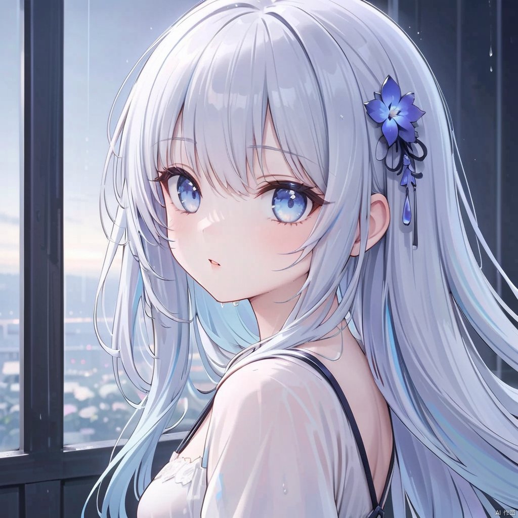 {very detailed light},{painting},{{very fine 8K CG wallpaper}}, (Premium, Best Quality, Art, Beauty and Aesthetics: 1.2),1girl, solo, long hair, looking at viewer, bangs, blue eyes, hair ornament, blue hair, upper body, white hair, parted lips, from side, lips, portrait, rain