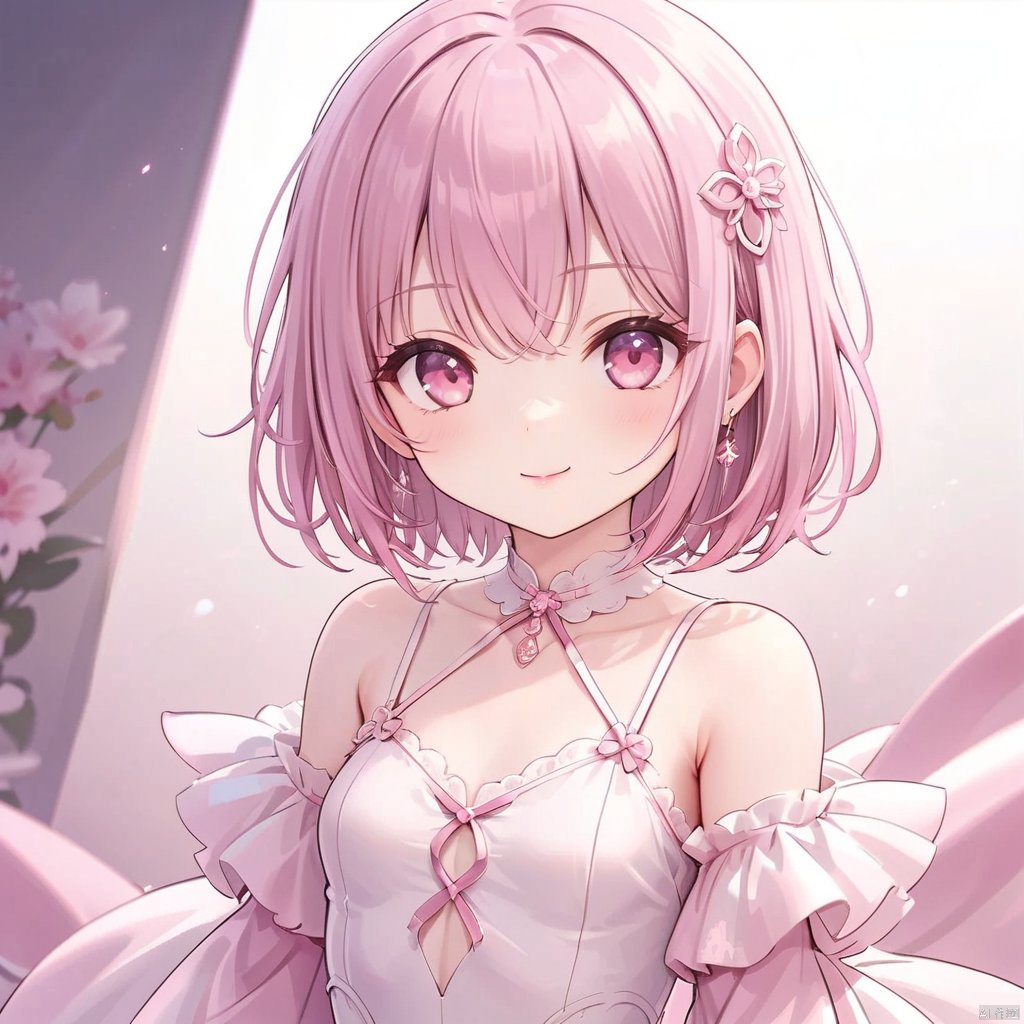  {very detailed light},{painting},{{very fine 8K CG wallpaper}}, (Premium, Best Quality, Art, Beauty and Aesthetics: 1.2),1girl, solo, looking at viewer, smile, short hair, bangs, hair ornament, jewelry, closed mouth, pink hair, earrings, pink eyes, armor, lips, gradient, gradient background, portrait, pink lips, pink theme, loli