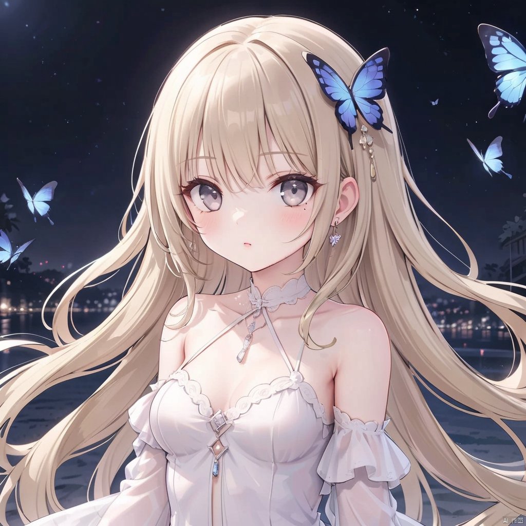  {very detailed light},{painting},{{very fine 8K CG wallpaper}}, (Premium, Best Quality, Art, Beauty and Aesthetics: 1.2),1girl, solo, long hair, breasts, looking at viewer, blush, bangs, blonde hair, hair ornament, dress, bare shoulders, jewelry, medium breasts, closed mouth, upper body, earrings, detached sleeves, white dress, mole, lips, see-through, parted bangs, grey eyes, mole under eye, night, wavy hair, bug, gem, butterfly, butterfly hair ornament