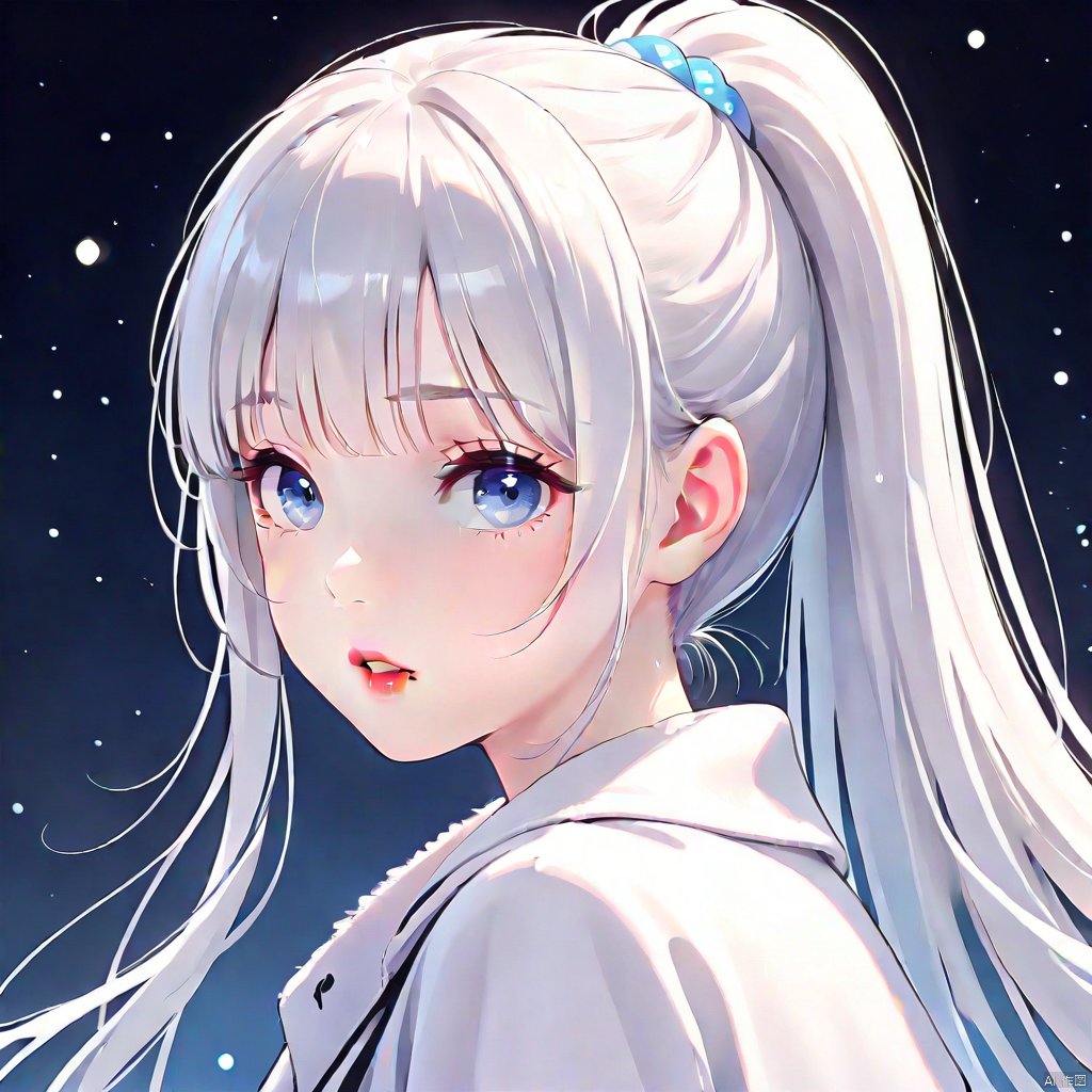 1girl, solo, long hair, looking at viewer, blush, bangs, blue eyes, hair ornament, jacket, upper body, ponytail, white hair, sidelocks, parted lips, from side, lips, gradient, grey eyes, gradient background, eyelashes, white jacket, high ponytail, portrait, light particles, red lips