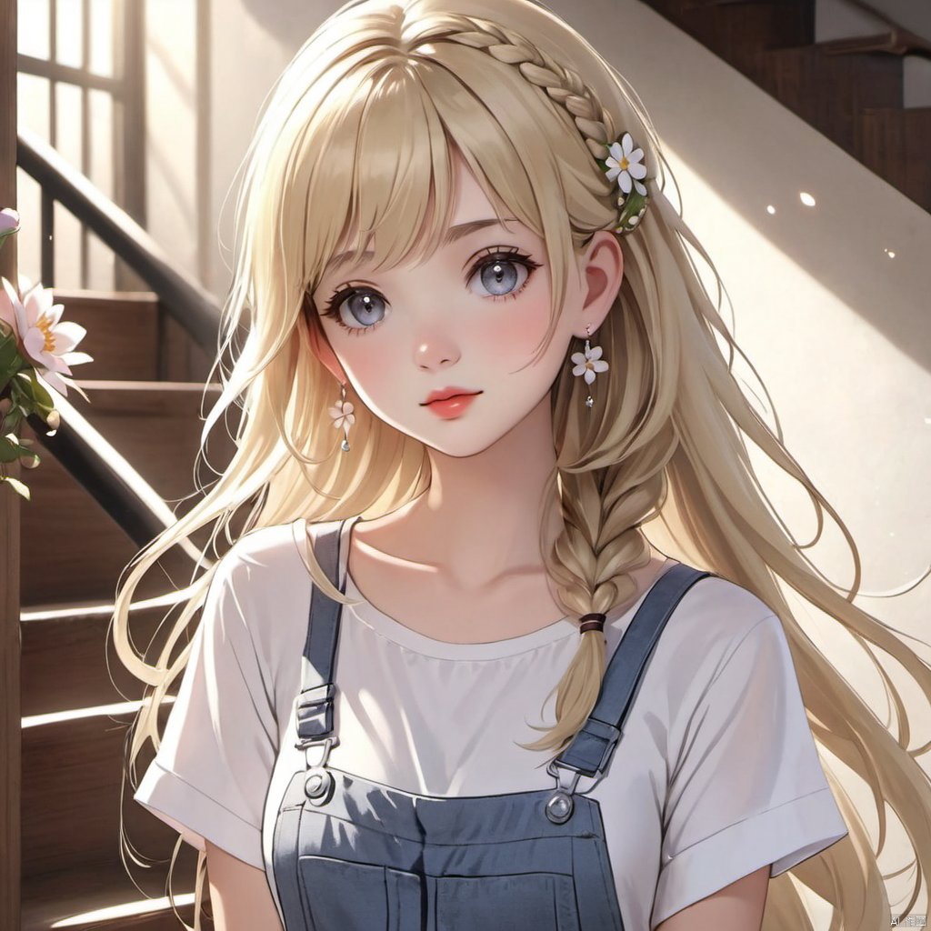 1girl, solo, long hair, looking at viewer, bangs, blonde hair, shirt, hair ornament, jewelry, closed mouth, white shirt, upper body, braid, flower, short sleeves, earrings, indoors, hair flower, medium hair, lips, grey eyes, light particles, stairs, overalls