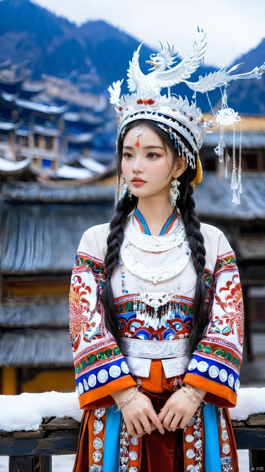 1girl, Black hair, bracelets, double braids, Miao Silver Phoenix Crown, Miao costume, crescent headdress, intricate jewelry, silver metal headdress, bird standing on hand, close-up, slight profile, depth of field, earrings, jewelry, lips, long hair, mountains, buildings, clouds, cloudy skies, necklaces, outdoors, railings, snow, solo,Miao ethnic clothing