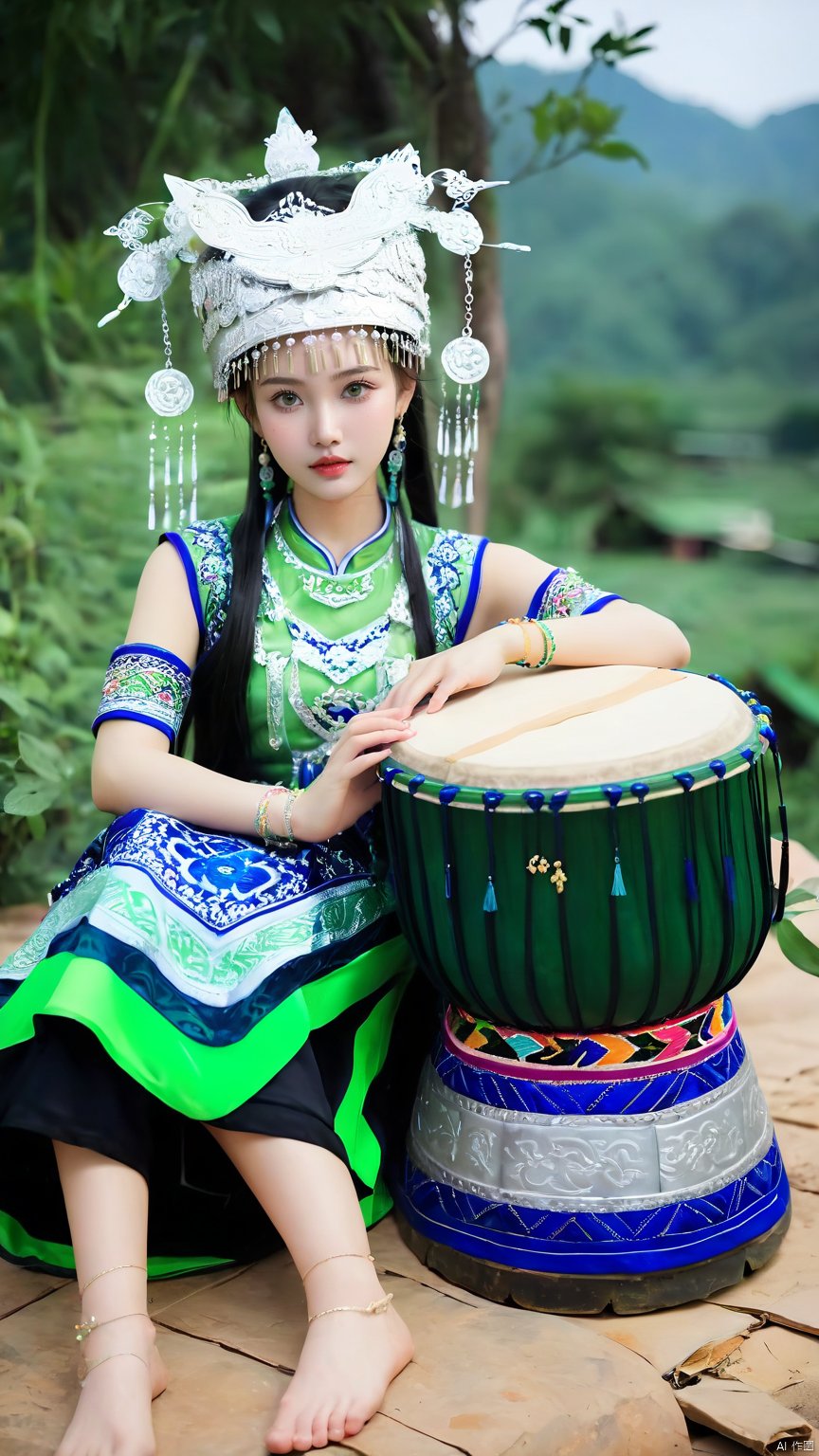 1girl, sitting position, one hand on top of a large Hmong drum, beads, black hair, bracelet, Chinese costume, costume, Hmong costume, green intricate floral embellishments, earrings, hair ornaments, jewelry, lips, print Clothing, reality, solo,