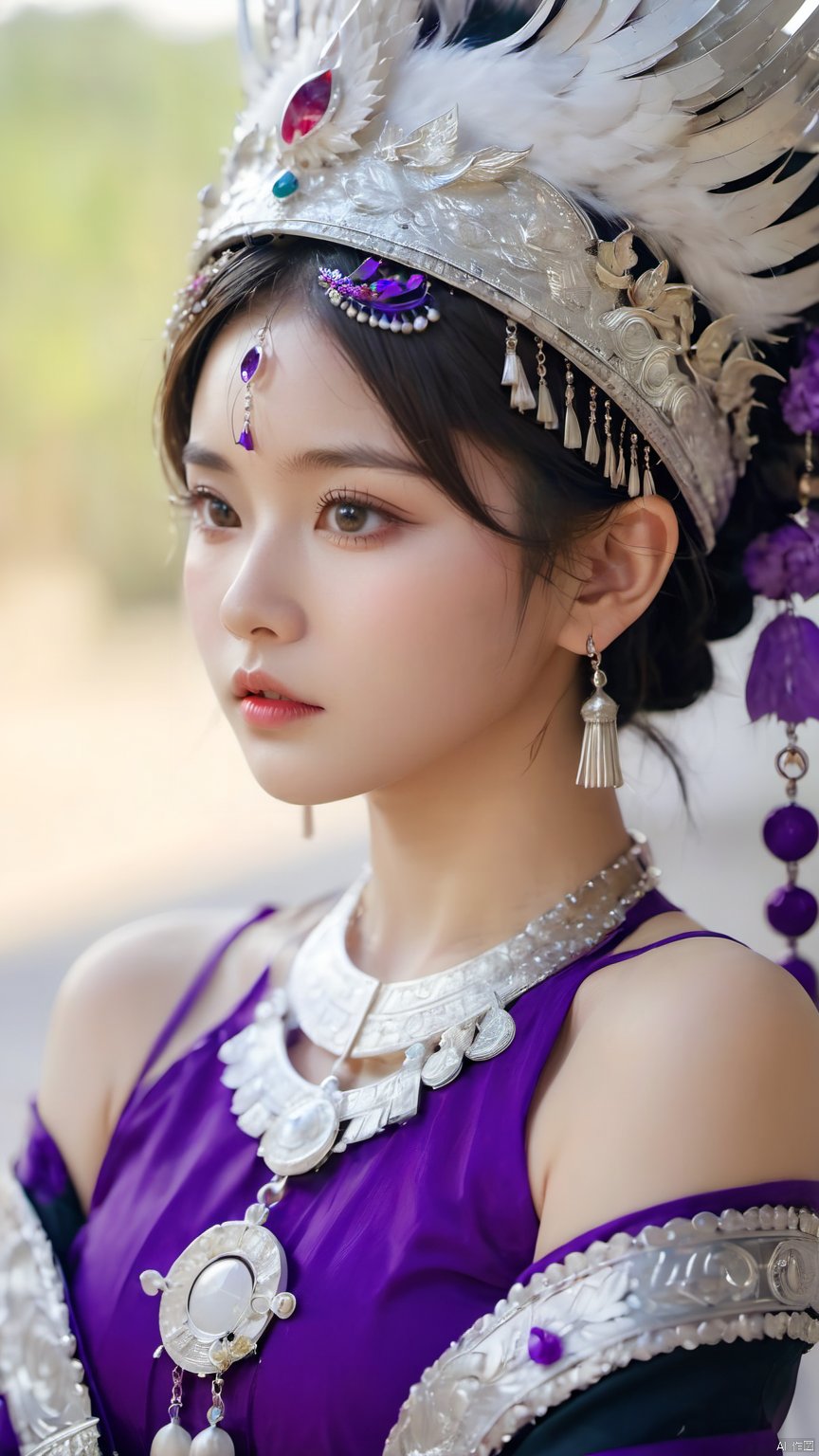 1girl, Close-up, upper body, sideways, looking at the camera, shut up, silver metal headdress, complex headdress, complex jewelry, round silver necklace, Hmong costume, purple Hmong costume, miao Silver Phoenix Crown, jewelry, lips, short hair, solo, blurred background, depth of field