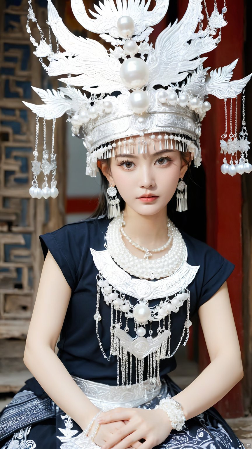 1girl, Sitting posture, sideways, hands on knees, black complex printed clothing, beads, earrings, silver metal jewelry, necklace, Miao Silver Phoenix Crown, complex headdress, complex jewelry, silver metal headdress, Miao clothing, pearl (gem) , Pearl Necklace, ring, Solo, upper body