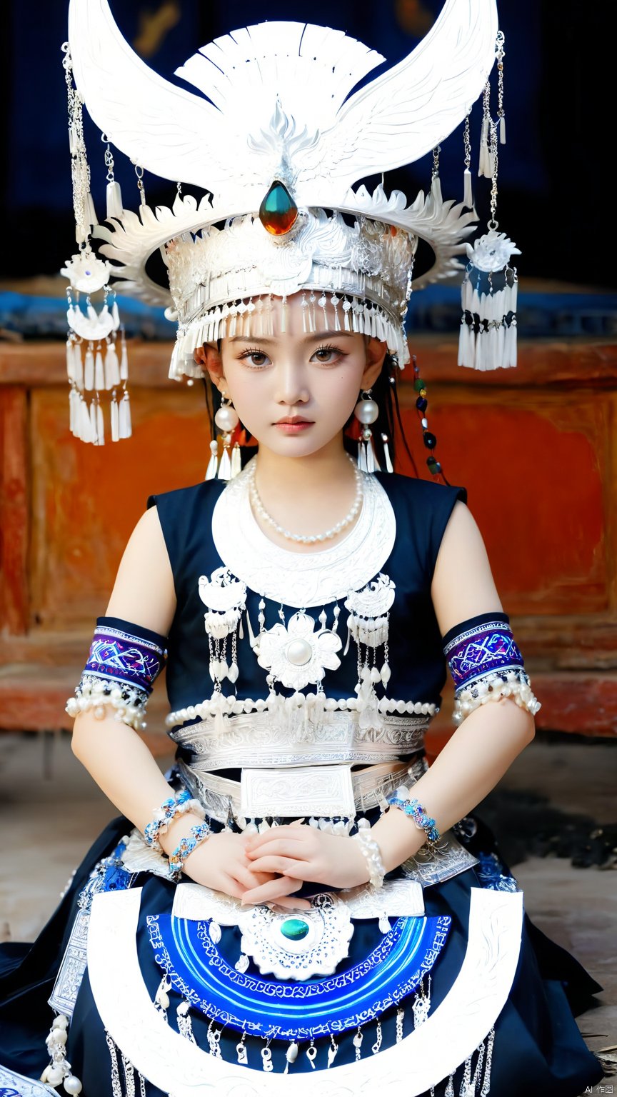 1girl, Sitting posture, sideways, hands on knees, black complex printed clothing, beads, earrings, silver metal jewelry, necklace, Miao Silver Phoenix Crown, complex headdress, complex jewelry, silver metal headdress, Miao clothing, pearl (gem) , Pearl Necklace, ring, Solo, upper body,Miao ethnic clothing