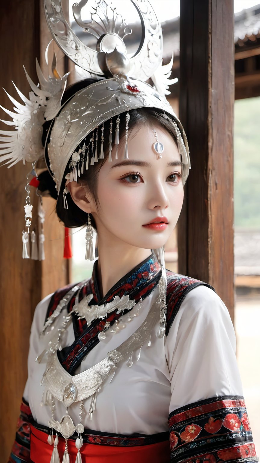 1girl, Back against the edge of the window, looking back, the window, hat, lips, Miao Silver Phoenix Crown, silver metal headdress, super complex headdress, crescent-shaped headdress, Miao clothing, black and white simple clothing, red Lips, short hair, independence, upper body, wooden windows, wooden walls, hand,Miao ethnic clothing