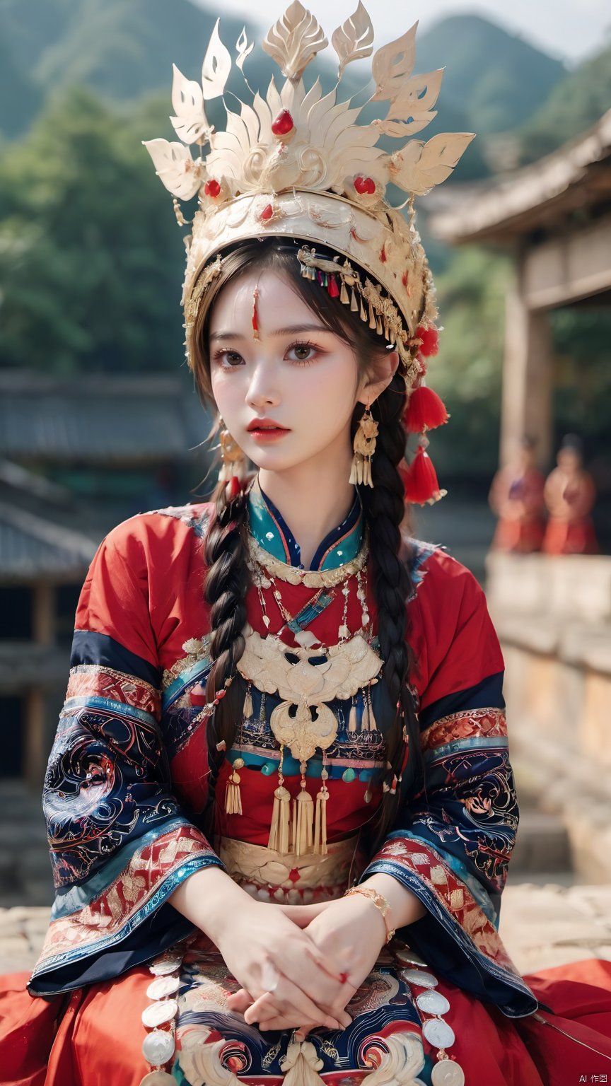 1girl, Slanting, upper body, above thigh, sitting position, bank, hands on thigh, blurred background, earrings, jewelry, lips, cloth headdress, complex jewelry, simple headdress, Hmong clothing, red printed Miao clothing, Miao Cloth Phoenix Crown, look at the audience, outdoors, their hands together, red lips, solo, hand