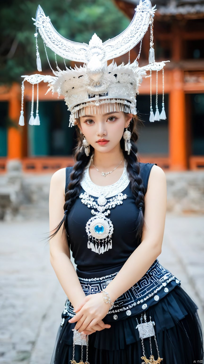 1girl, Leaning sideways, the upper half of the body leaning forward, above the buttocks, holding the hem of the skirt with both hands, looking at the camera, blurred background, braided double ponytail, depth of field, earrings, hat, Miao Silver Phoenix Crown, Miao costume, Black Miao costume, crescent headdress, complex jewelry, super complex metal headdress, silver metal headdress, jewelry, lips, long hair, watch audience, motion blur, necklace, street, architecture, photo (center) , photo reality, solo,