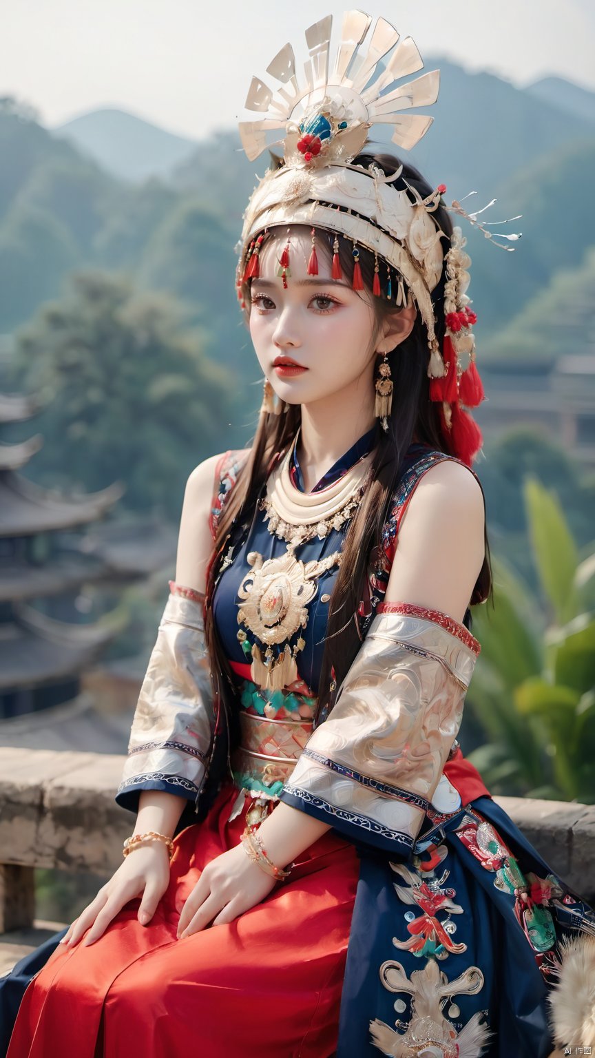 1girl, Slanting, upper body, above thigh, sitting position, bank, hands on thigh, blurred background, earrings, jewelry, lips, cloth headdress, complex jewelry, simple headdress, Hmong clothing, red printed Miao clothing, Miao Cloth Phoenix Crown, look at the audience, outdoors, their hands together, red lips, solo, hand