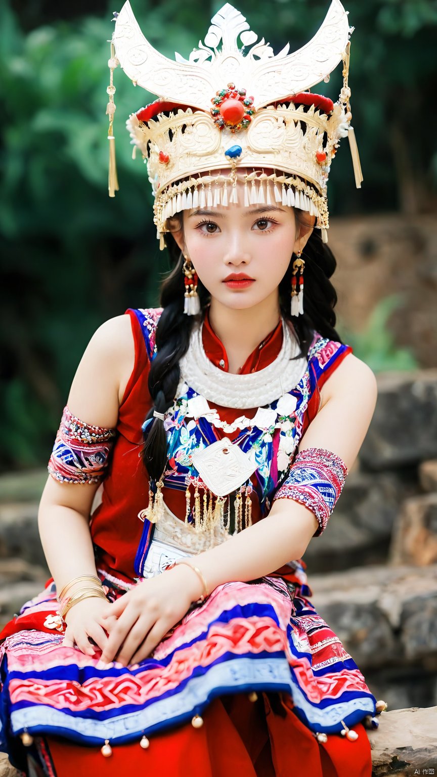 1girl, Slanting, upper body, above thigh, sitting position, bank, hands on thigh, blurred background, earrings, jewelry, lips, cloth headdress, complex jewelry, simple headdress, Hmong clothing, red printed Miao clothing, Miao Cloth Phoenix Crown, look at the audience, outdoors, their hands together, red lips, solo, hand