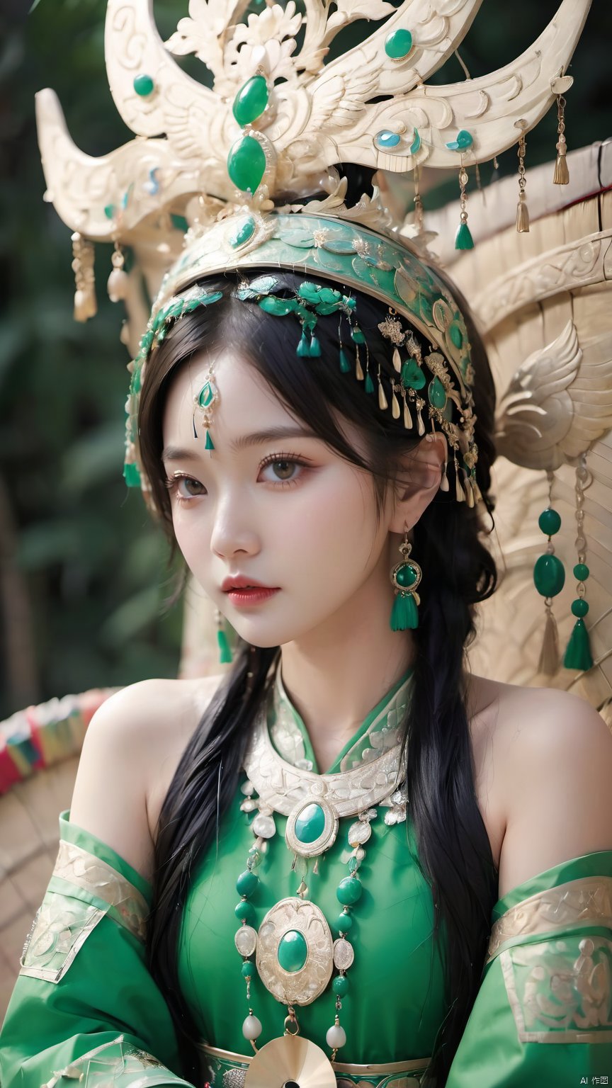 1girl, sitting position, one hand on top of a large Hmong drum, beads, black hair, bracelet, Chinese costume, costume, Hmong costume, green intricate floral embellishments, earrings, hair ornaments, jewelry, lips, print Clothing, reality, solo,Miao Silver Phoenix Crown