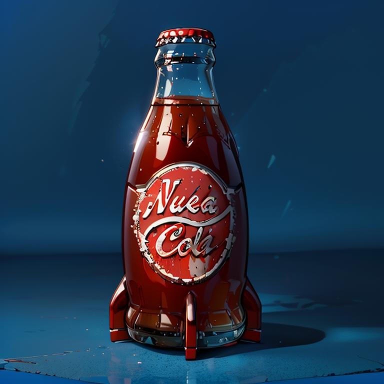 masterpiece,absurd resolution,8k,fallout,nuka cola,nuka cola text on bottle,english text,no humans,blue background,solo bottle,coca-cola,soda bottle,cola,rocket shaped bottle <lora:fallout_SD:1>