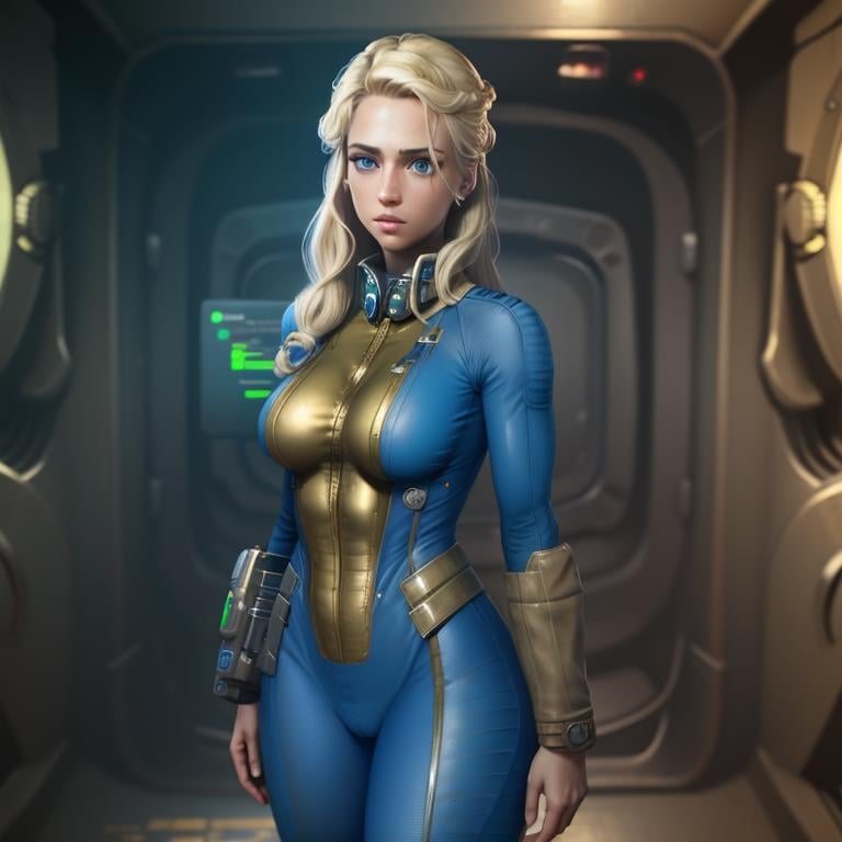 masterpiece,absurd resolution,8k,fallout,vault uniform,1girl,solo,looking at viewer,blue eyes,blonde hair,lips,bodysuit,science fiction,realistic,pip boy on hand, <lora:fallout_SD:1>