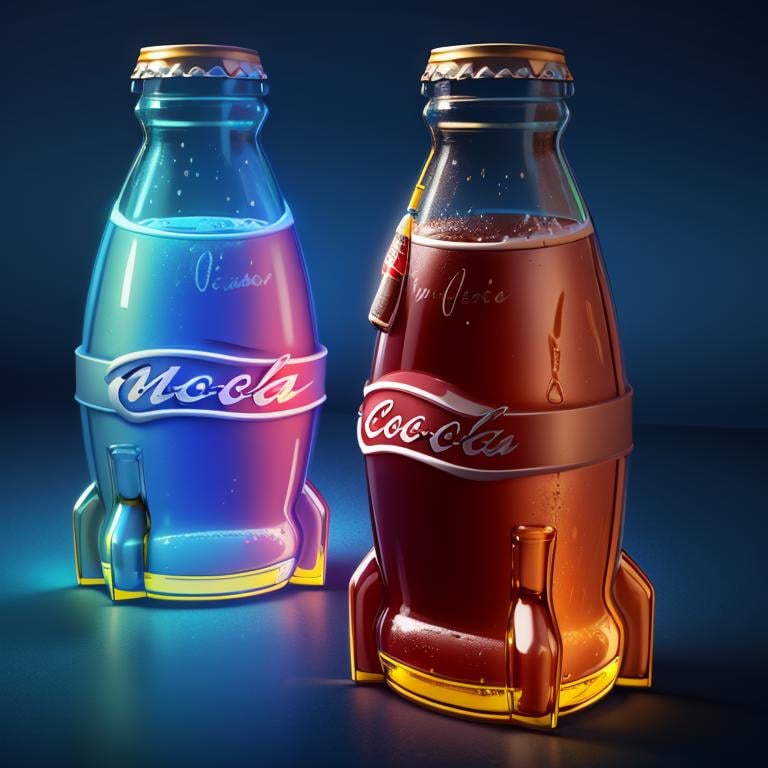masterpiece,absurd resolution,8k,fallout,blue liquid in bottle,glow,quantum text on bottle,simple background,signature,english text,no humans,blue background,bottle,transparent,coca cola shaped bottle <lora:fallout_SD:1>