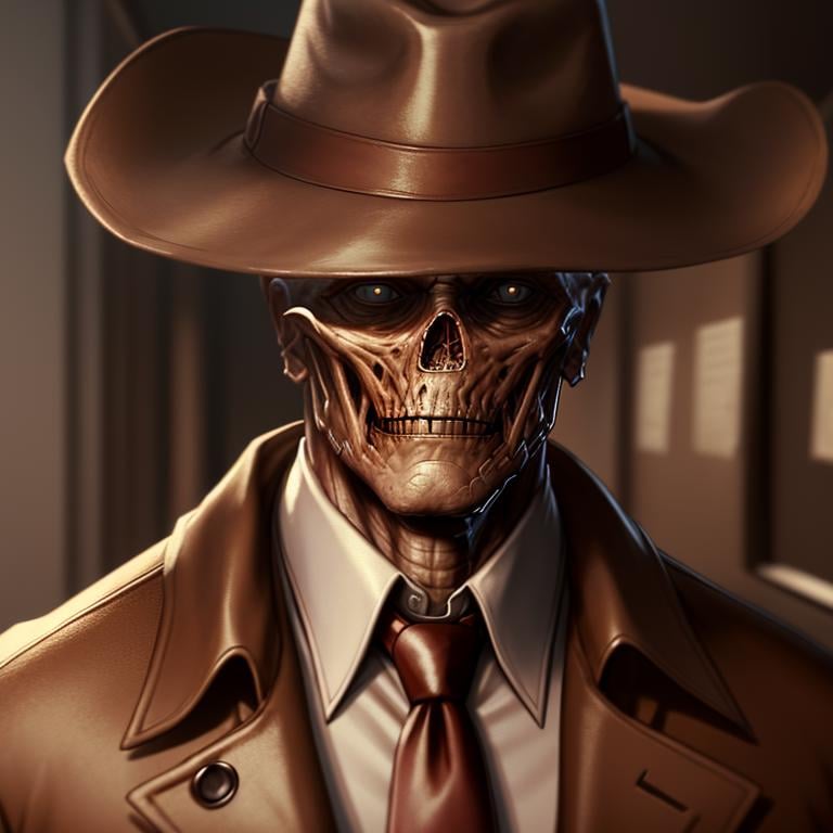 masterpiece,absurd resolution,8k,fallout,ghoul,solo,shirt,1boy,hat,white shirt,upper body,male focus,necktie,collared shirt,blurry,coat,blurry background,formal,suit,red necktie,brown headwear,brown coat,fedora,trench coat, <lora:fallout_SD:1>
