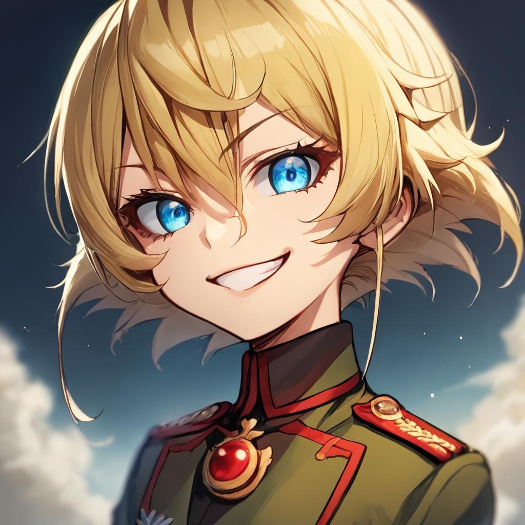 score_9, score_8_up, score_7_up BREAK TanyaDegurechaff, 1girl, solo, looking at viewer, smile, short hair, bangs, blue eyes, blonde hair, hair between eyes, grin, uniform, military, military uniform, portrait, close-up, evil smile, eye focu, source_anime, <lora:Tanya_Degurechaff:0.81> 