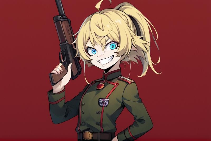 by laserflip,score_9, score_8_up, score_7_up,score_6_up, score_5_up, score_4_up BREAK source_anime, TanyaDegurechaff, 1girl, solo, looking at viewer, smile, blue eyes, blonde hair, holding, ponytail, weapon, ahoge, belt, holding weapon, grin, uniform, hand on hip, gun, military, military uniform, holding gun, red background, rifle, evil smile, over shoulder, weapon over shoulder, crazy eyes, evil grin, <lora:Tanya_Degurechaff:1>