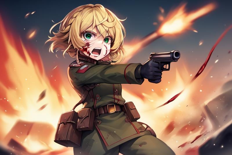 by laserflip,score_9, score_8_up, score_7_up,score_6_up, score_5_up, score_4_up BREAK source_anime,  TanyaDegurechaff, 1girl, solo, short hair, open mouth, blonde hair, gloves, long sleeves, holding, hair between eyes, green eyes, weapon, braid, teeth, black gloves, belt, holding weapon, uniform, gun, military, blood, military uniform, fire, holding gun, handgun, pouch, blood on face, explosion, firing, war, <lora:Tanya_Degurechaff:1>,