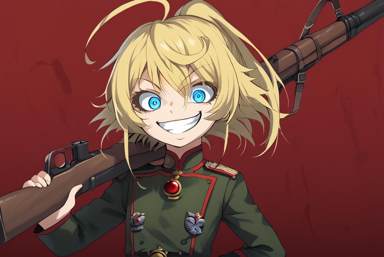 score_9, score_8_up, score_7_up  BREAK TanyaDegurechaff, 1girl,detailed eyes, solo, looking at viewer, smile, blue eyes, blonde hair, holding, ponytail, weapon, ahoge, belt, holding weapon, grin, uniform, hand on hip, gun, military, military uniform, holding gun, red background, rifle, evil smile, over shoulder, weapon over shoulder, crazy eyes, evil grin, <lora:Tanya_Degurechaff:1>