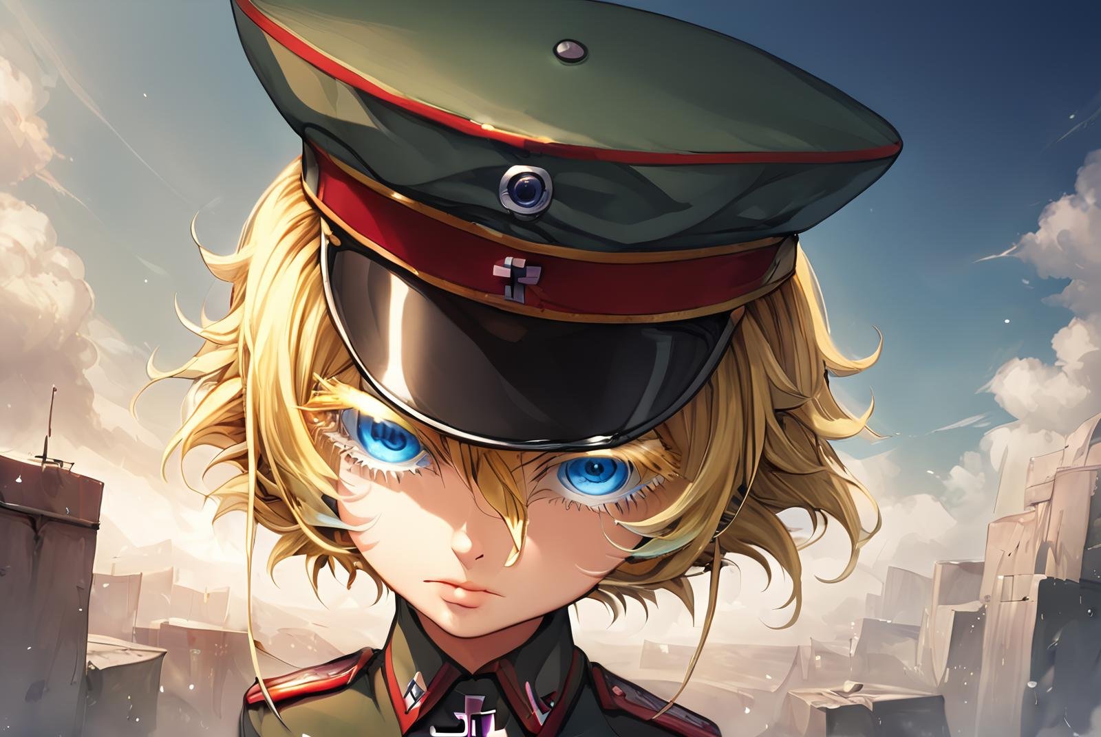 score_9, score_8_up, score_7_up  BREAK TanyaDegurechaff, 1girl, solo, looking at viewer, short hair, blue eyes, manga eyes, blonde hair, hat, hair between eyes, uniform, military, eyelashes, military uniform, cross, peaked cap, military hat, colored eyelashes, iron cross,source_anime,<lora:Tanya_Degurechaff:1>