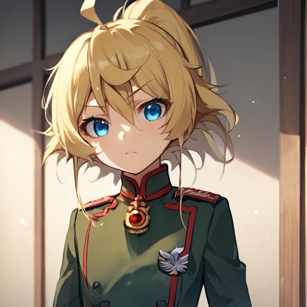 score_9, score_8_up, score_7_up BREAK TanyaDegurechaff, 1girl, solo, looking at viewer, blue eyes, blonde hair, hair between eyes, ponytail, ahoge, uniform, military, military uniform,score_9, source_anime, <lora:Tanya_Degurechaff:0.81> 