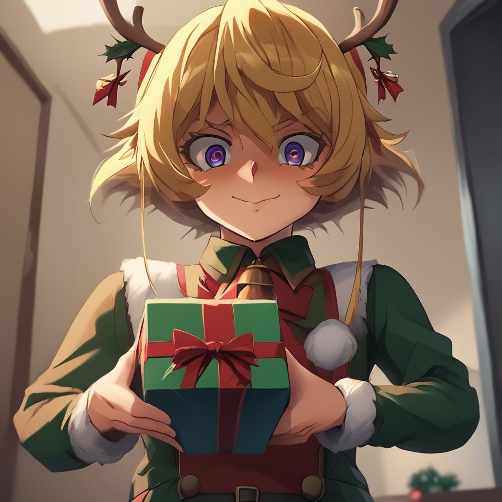 score_9, score_8_up, score_7_up BREAK TanyaDegurechaff,8k, solo, 1girl,detailed face,face focus,detailed eyes, holding (christmas gift), (ribbon bondage),(ribbon, bow), bauble, mistletoe, reindeer antlers, worm's eye view,  tanyadegurechaff, flyingsuit,detailed hands, evil ((nervous)) smile, <lora:Tanya_Degurechaff:0.81> 