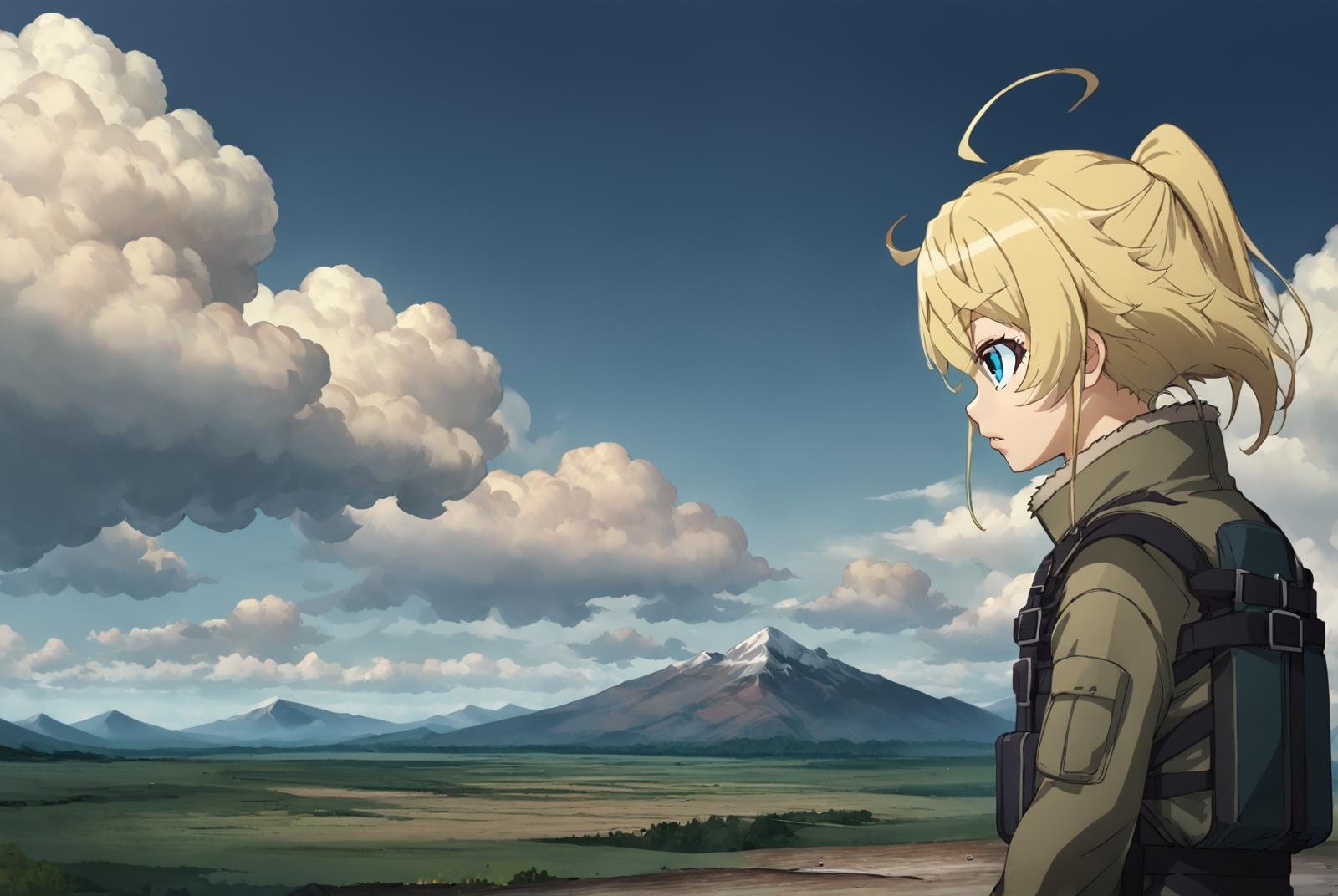 score_9, score_8_up, score_7_up  BREAK TanyaDegurechaff, 1girl, solo, blue eyes, blonde hair, jacket, ponytail, ahoge, outdoors, parted lips, sky, cloud, from side, military, cloudy sky, scenery, mountain, soldier, flight suit,source_anime,<lora:Tanya_Degurechaff:1>