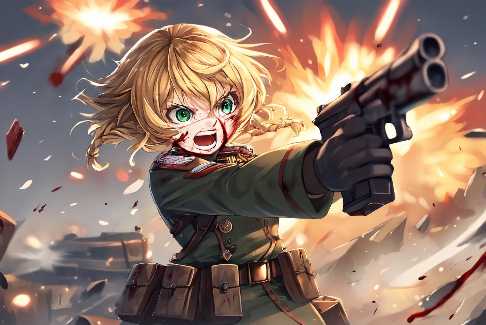 score_9, score_8_up, score_7_up,TanyaDegurechaff, 1girl, solo, short hair, open mouth, blonde hair, gloves, long sleeves, holding, hair between eyes, green eyes, weapon, braid, teeth, black gloves, belt, holding weapon, uniform, gun, military, blood, military uniform, fire, holding gun, handgun, pouch, blood on face, explosion, firing, war, source_anime, <lora:Tanya_Degurechaff:1>