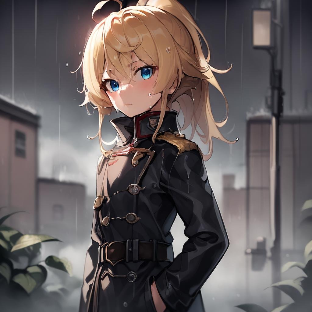 score_9, score_8_up, score_7_up BREAK TanyaDegurechaff, 1girl, solo, long hair, looking at viewer, blush, bangs, blue eyes, blonde hair, long sleeves, hair between eyes, closed mouth, standing, ponytail, ahoge, sidelocks, cowboy shot, outdoors, belt, blurry, uniform, coat, wet, military, military uniform, cross, rain, epaulettes, hand in pocket, black coat, hands in pockets, wet hair, source_anime, <lora:Tanya_Degurechaff:0.81> 