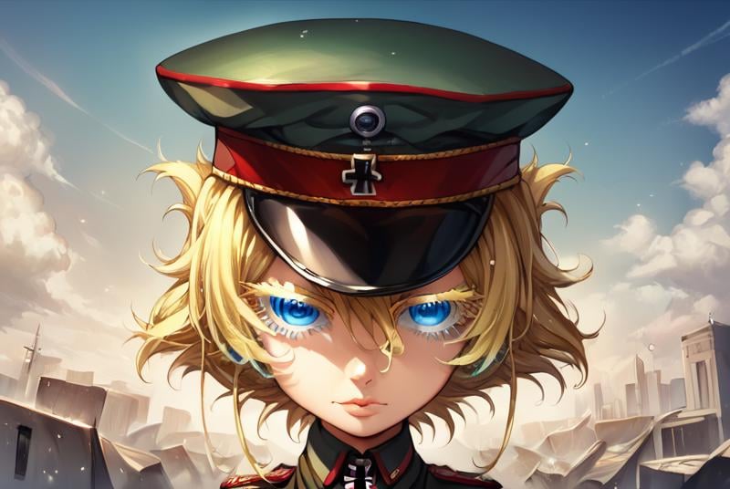 score_9, score_8_up, score_7_up  BREAK TanyaDegurechaff, 1girl, solo, looking at viewer, short hair, blue eyes, manga eyes, blonde hair, hat, hair between eyes, uniform, military, eyelashes, military uniform, cross, peaked cap, military hat, colored eyelashes, iron cross,source_anime,<lora:Tanya_Degurechaff:1>