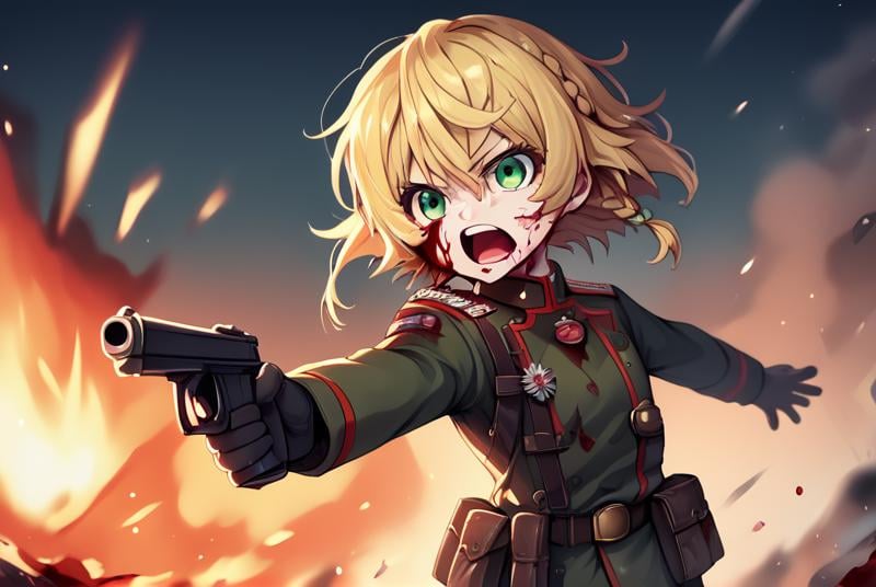 score_9, score_8_up, score_7_up,score_6_up, score_5_up, score_4_up BREAK source_anime,  TanyaDegurechaff, 1girl, solo, short hair, open mouth, blonde hair, gloves, long sleeves, holding, hair between eyes, green eyes, weapon, braid, teeth, black gloves, belt, holding weapon, uniform, gun, military, blood, military uniform, fire, holding gun, handgun, pouch, blood on face, explosion, firing, war, <lora:Tanya_Degurechaff:1>