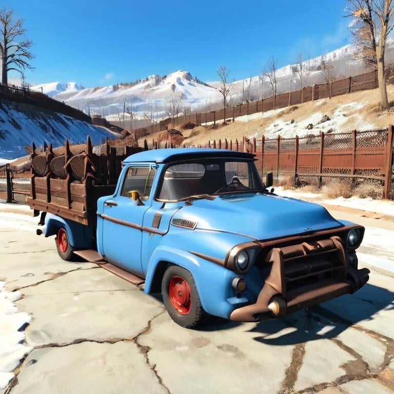 masterpiece,absurd resolution,8k,fallout,outdoors,sky,day,tree,blue sky,no humans,ground vehicle,scenery,motor vehicle,snow,mountain,fence,car,winter,vehicle focus,truck,  <lora:fallout_xl:1>