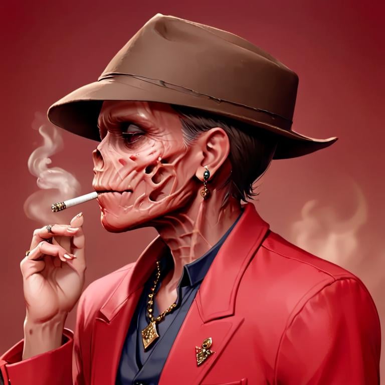 masterpiece,absurd resolution,8k,fallout,ghoul,solo,simple background,1boy,hat,holding,jewelry,male focus,earrings,from side,profile,ring,red jacket,smoke,cigarette,smoking,holding cigarette,  <lora:fallout_xl:1>