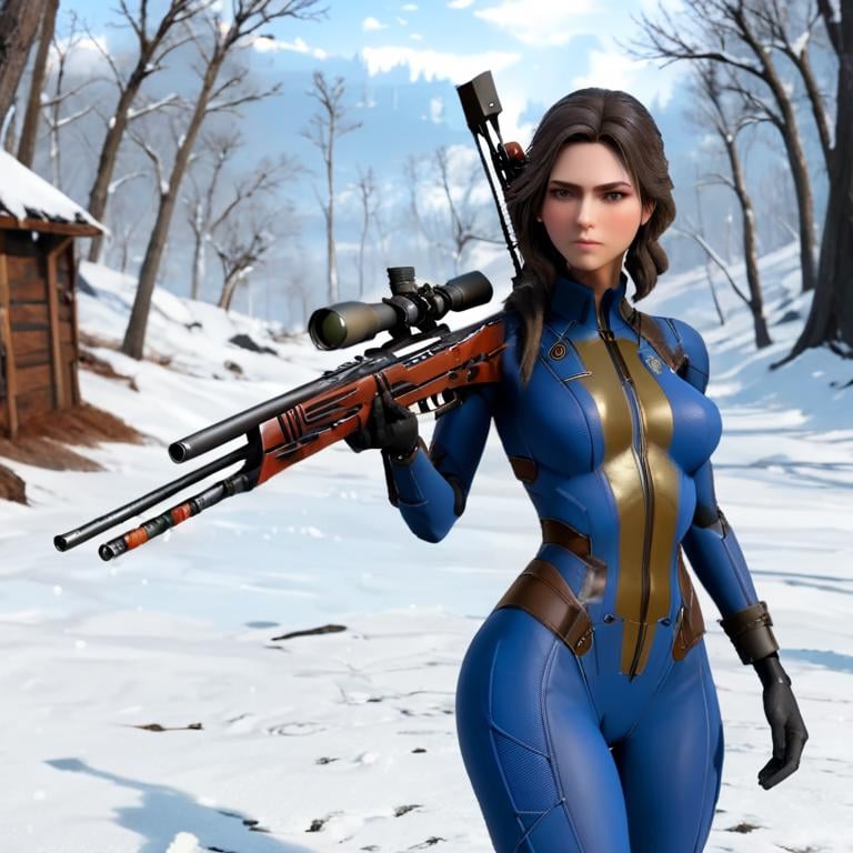 masterpiece,absurd resolution,8k,fallout,sniper,1girl,solo,holding,weapon,outdoors,holding weapon,tree,gun,bodysuit,holding gun,rifle,snow,science fiction,head out of frame,  <lora:fallout_xl:1>