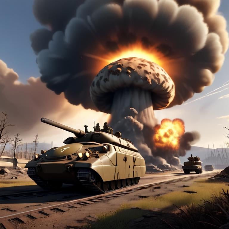 masterpiece,absurd resolution,8k,fallout,nuke backround,explosion,mushroom cloud in the backround,military,no humans,shadow,ground vehicle,motor vehicle,realistic,military vehicle,tank,vehicle focus,caterpillar tracks,  <lora:fallout_xl:1>