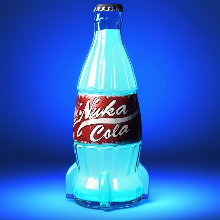 masterpiece,absurd resolution,8k,fallout,nuka cola,blue,glow,quantum text on bottle,simple background,artist name,signature,english text,no humans,blue background,bottle,blue theme,transparent,  <lora:fallout_xl:1>