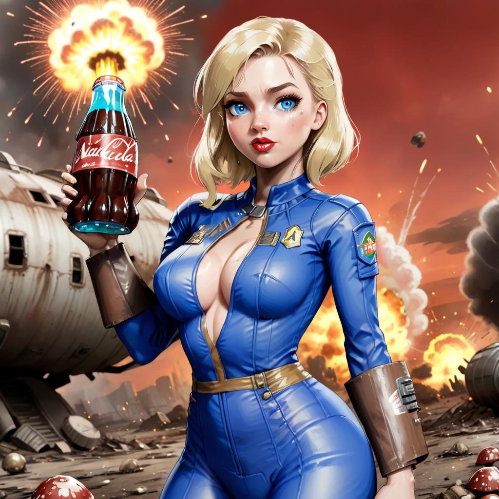 score_9, score_8_up, score_7_up, score_6_up, score_5_up, score_4_upfallout,vault uniform,1girl,solo,looking at viewer,blue eyes,blonde hair,lips,bodysuit,science fiction,holding nuka cola,blue liquid in bottle,backround explosion,nuke,red sky,mushroom cloud backround <lora:fallout_xl:1> <lora:add-detail-xl:0.8>